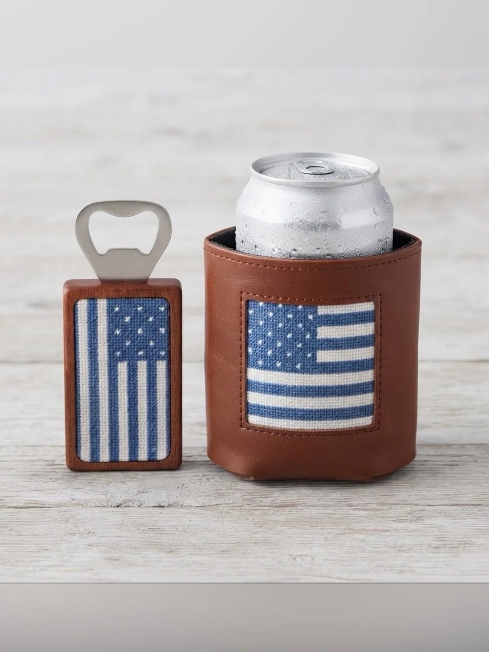 NWT Whelky Needlepoint American Flag Koozie & Bottle Opener Set